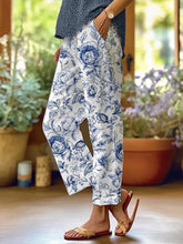 Pantalon décontracté imprimé floral bleu et blanc pour femme